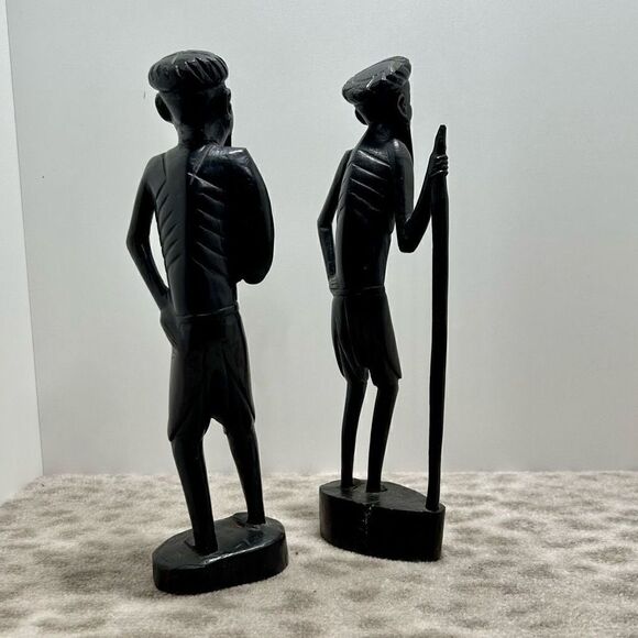 Vintage Pair of Hand Carved Tanganyika East African Tribesmen Statues Ebony 10”H - Picture 5 of 12